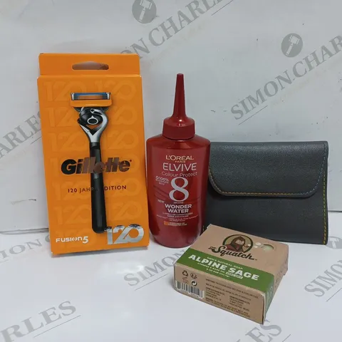 APPROXIMATELY 10 ASSORTED HEALTH AND BEAUTY PRODUCTS TO INCLUDE GILLETTE FUSION 5 JAHRE EDITION, LOREAL ELVIVE 8 SECOND WONDER WATER, MANICURE TOOL SET, DR SQUATCH ALPINE SAGE SOAP