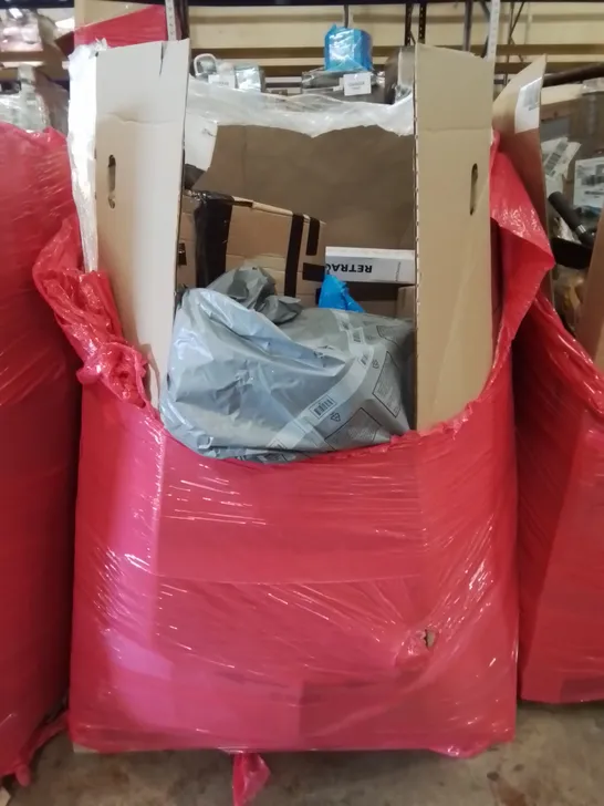 PALLET OF ASSORTED HOUSEHOLD ITEMS TO INCLUDE TRUNKING LUGGAGE CASE, RETRACTABLE SAFETY GATE AND TOILET SEAT