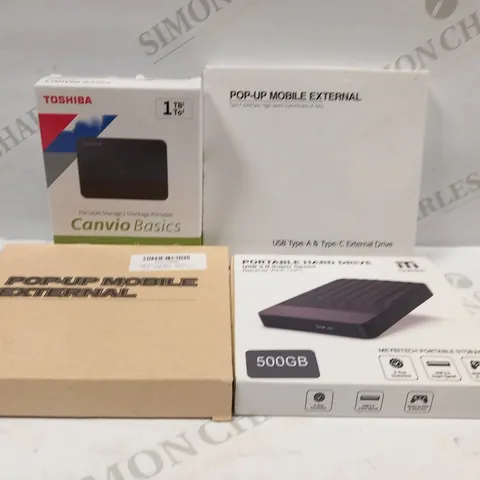 4 ASSORTED PORTABLE STORAGE HARD DRIVES AND MOBILE EXTERNAL DRIVES TO INCLUDE; TOSHIBA CANVIO BASICS, MYRITECH 