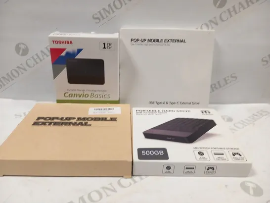 4 ASSORTED PORTABLE STORAGE HARD DRIVES AND MOBILE EXTERNAL DRIVES TO INCLUDE; TOSHIBA CANVIO BASICS, MYRITECH 