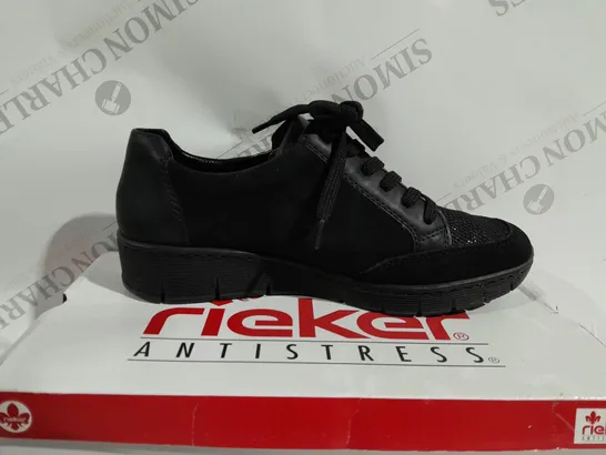 BOXED PAIR OF RIEKER WEDGE TRAINERS IN BLACK - SIZE 7.5