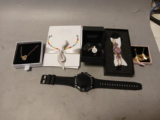 BOX OF APPROXIMATELY 12 ASSORTED ITEMS TO INCLUDE - SPORTS SMART WATCH , SONA LONDON NECKLESS , INSIGNIA RING ETC