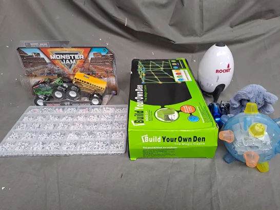 LARGE BOX OF ASSORTED TOYS AND GAMES TO INCLUDE TEDDIES, BUILD YOUR OWN DEN AND MONSTER JAM