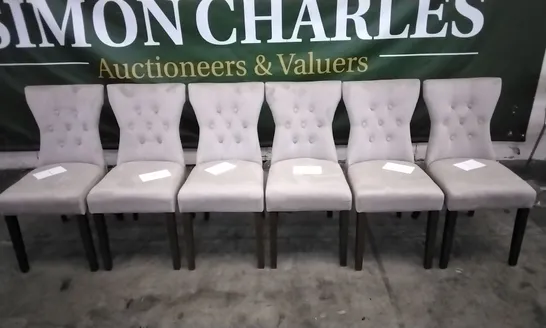 SET OF 6 BEWLEY MINK VELVET BUTTON BACK DINING CHAIRS WITH OAK LEGS