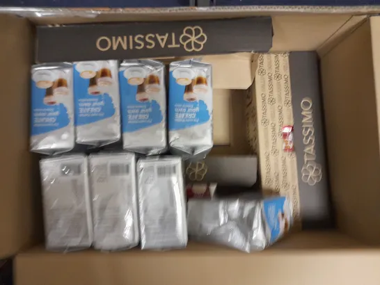 BOX OF APPROX 20 ITEMS TO INCLUDE TASSIMO PODS IN ASSORTED FLAVOURS AND CREAMER FOR MILK