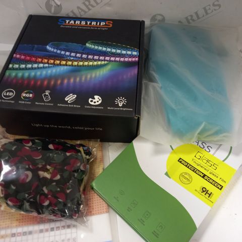 BOX OF APPROXIMATELY 10 ASSORTED HOUSEHOLD ITEMS TO INCLUDE DESIGNER TOUGHENED GLASS PROTECTION SCREEN, STARSTRIPS LED LIGHTING STRIPS, GENGLASS ELESTICS HAIR SCRUNCHIES, ETC