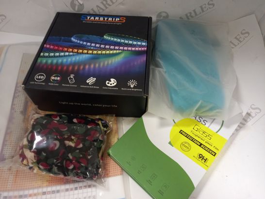 BOX OF APPROXIMATELY 10 ASSORTED HOUSEHOLD ITEMS TO INCLUDE DESIGNER TOUGHENED GLASS PROTECTION SCREEN, STARSTRIPS LED LIGHTING STRIPS, GENGLASS ELESTICS HAIR SCRUNCHIES, ETC