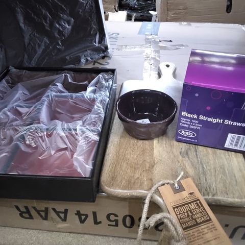 4 BOXES OF APPROXIMATELY 18 ITEMS INCLUDING STRAGE TRAY, REVOL SMALL PURPLE CERAMIC BOWL, GOURMET PREP & SERVE DOUBLE HANDED MANGO BOARD, BLACK STRAIGHT STRAWS