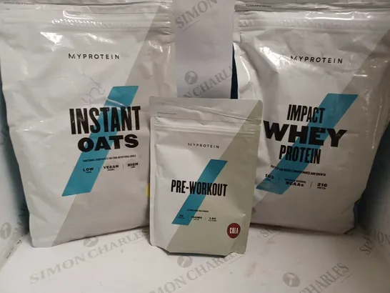 BOX OF 3 MYPROTEIN ITEMS TO INCLUDE INSTANT OATS, PRE-WORKOUT AND IMPACT WHEY PROTEIN