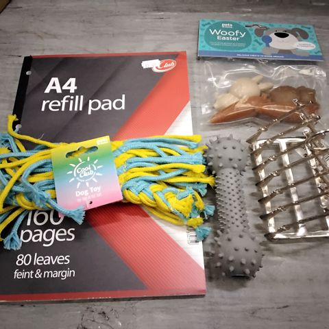 TOTE OF ASSORTED ITEMS INCLUDING A4 REFILL PAD, COOL CLUB DOG ROPE TOY, WOOFY EASTER CHEWS FOR DOGS, RUBBER DOG CHEW BONE, METAL MINI RIFLE PAGE OR TOAST STAND