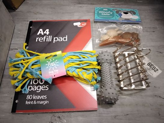 TOTE OF ASSORTED ITEMS INCLUDING A4 REFILL PAD, COOL CLUB DOG ROPE TOY, WOOFY EASTER CHEWS FOR DOGS, RUBBER DOG CHEW BONE, METAL MINI RIFLE PAGE OR TOAST STAND