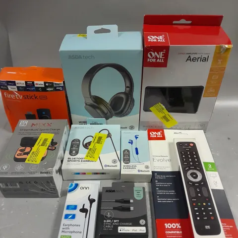 APPROXIMATELY 40 ASSORTED ELECTRICAL PRODUCTS TO INCLUDE EVOLVE UNIVERSAL REMOTE, MIXX WIRELESS EARPHONES, FIRETV STICK ETC 