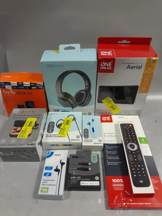 APPROXIMATELY 40 ASSORTED ELECTRICAL PRODUCTS TO INCLUDE EVOLVE UNIVERSAL REMOTE, MIXX WIRELESS EARPHONES, FIRETV STICK ETC 