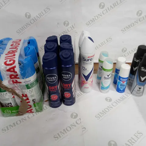 LOT OF APPROX 20 ASSORTED AEROSOLS TO INCLUDE DISINFECTANT, BODY SPRAYS, BUG REPELLENT ETC