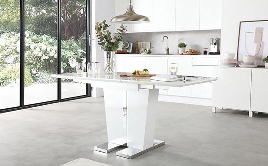 BOXED VIENNA WHITE HIGH GLOSS 120-160CM EXTENDING DINING TABLE (2 OF 2 BOXES, COMPLETE) 