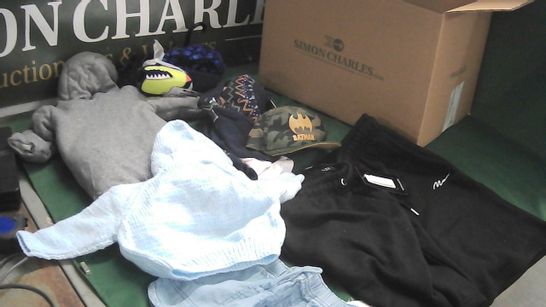 BOX OF ASSORTED BOYS CLOTHING TO INCLUDE BABYGROW, BATMAN HAT, SHORTS