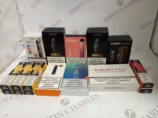 BOX OF APPROXIMATELY 35 ASSORTED VAPING KITS & DISPOSABLE VAPES IN VARIOUS FLAVOURS & BRANDS TO INCLUDE VOO-POO, VAPORESSO, XLIM ETC 