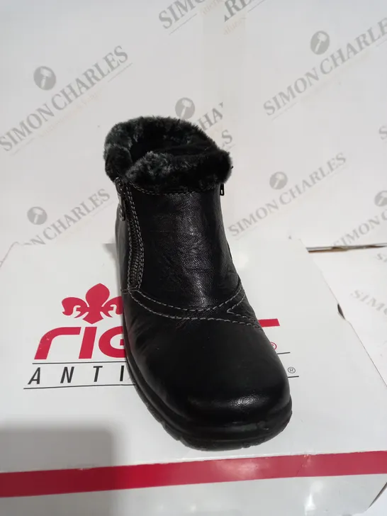 BOXED RIEKER ANTISTRESS BLACK FUR CUFFED ANKLE BOOTS - SIZE 6