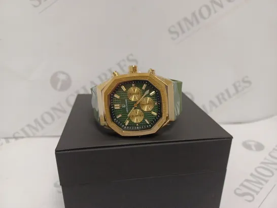 LOUIS LACOMBE MENS CHRONOGRAPH WATCH - YELLOW GOLD COLOURED BEZEL AND CASE - GREEN RUBBER STRAP - 3ATM WATER RESISTANT - DISPLAY BOX