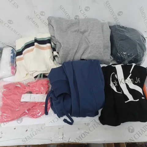 LARGE BOX OF ASSORTED CLOTHING PIECES TO INCLUDE TSHIRTS, UNDERWEAR, AND JOGGERS ETC.