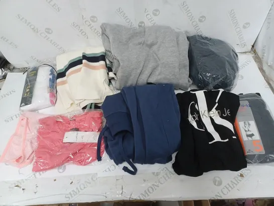 LARGE BOX OF ASSORTED CLOTHING PIECES TO INCLUDE TSHIRTS, UNDERWEAR, AND JOGGERS ETC.