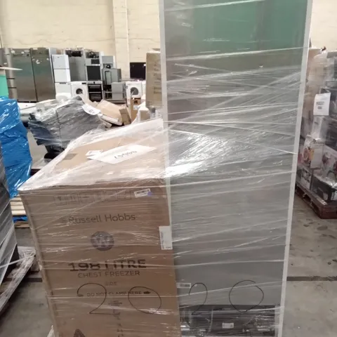 PALLET OF 2 ASSORTED HITE GOODS TO INCLUDE; RUSSELL HOBBS RH198CF3003 198L CHEST FREEZER WHIT AND CANDY CHCS 517FWWDK FREESTANDING AMERICAN FRIDGE F