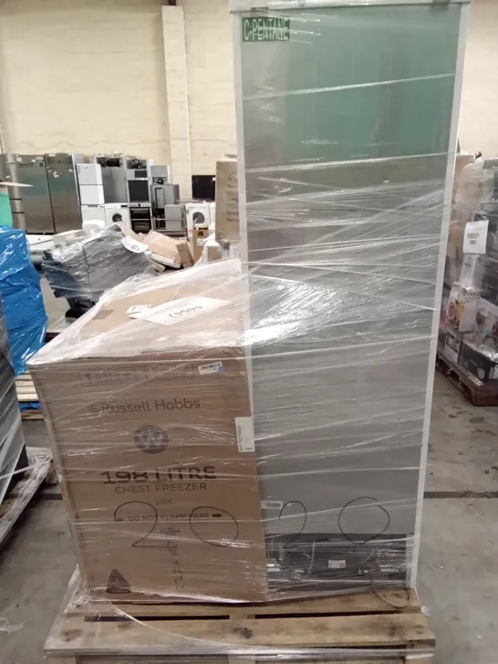 PALLET OF 2 ASSORTED HITE GOODS TO INCLUDE; RUSSELL HOBBS RH198CF3003 198L CHEST FREEZER WHIT AND CANDY CHCS 517FWWDK FREESTANDING AMERICAN FRIDGE F