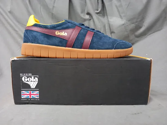 BOXED PAIR OF GOLA HURRICANE SUEDE SHOES IN NAVY/BURGUNDY/SUN UK SIZE 8