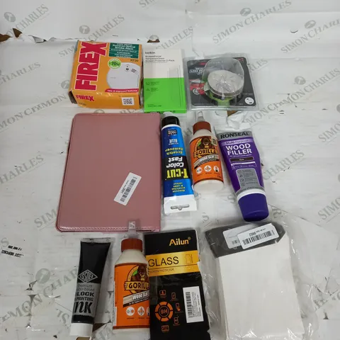 LARGE BOX OF APPROXIMATELY 25 ASSORTED HOUSEHOLD GOODS TO INCLUDE WOOD GLUE, TABLET CASE, SMOKE ALARM, AND WOOD FILLER ETC.