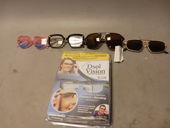 BOX OF APPROXIMATELY 10 ASSORTED GLASSES TO INCLUDE - UNBRANDED HEART GLASSES, DSOL VISION WITH ADJUSTABLE LENS , UNBRANDED SUN GLASSES ETC