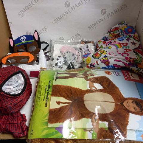 LOT OF ASSORTED FANCY DRESS COSTUMES AND ACCESSORIES TO INCLUDE SPIDERMAN, PAW PATROL MASKS AND MONKEY COSTUME