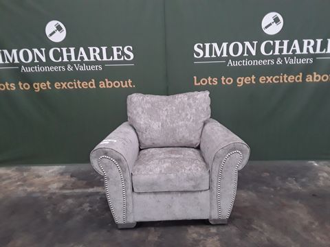 DESIGNER GREY FABRIC ARMCHAIR WITH STUD DETAIL