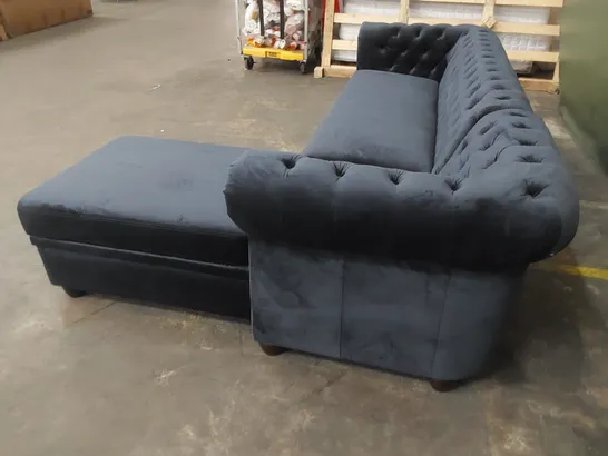 DESIGNER CHESTERFIELD STYLE VELVET UPHOLSTERED CORNER CHAISE SOFA - NAVY