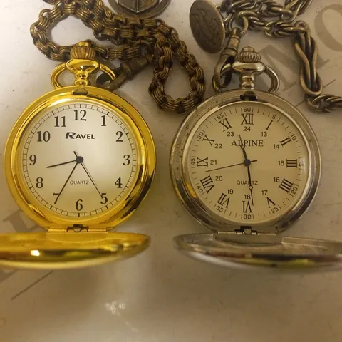 2 ASSORTED POCKET WATCHES TO INCLUDE; RAVEL GOLD PLATED CHAIN AND ALPINE SILVER CHAIN