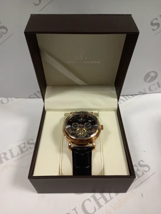 BOXED SAMUEL JOSEPH AUTOMATIC ROSE BLACK WATCH WITH LEATHER STRAP