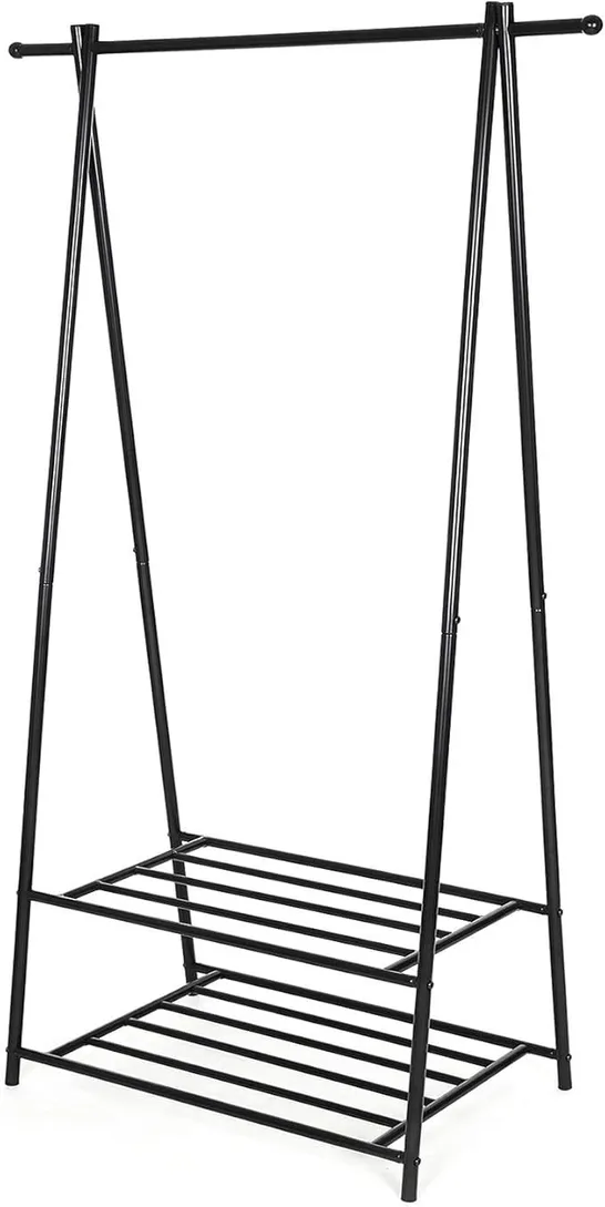 BOXED SONGMICS COAT STAND, CLOTHES RACK WITH 2-TIER STORAGE SHELF FOR SHOES AND BASKETS, METAL FRAME, SPACE-SAVING, IDEAL FOR BEDROOM