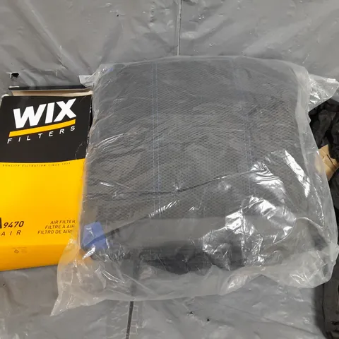 LARGE OX  OF APPROXIMATELY 15 ASSORTED CAR/VEHICLE PARTS AND ACCESSORIES TO INCLUDE WIX FILTERS , BIKE LOCKS , BIKE SUITS , ETC 