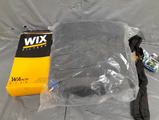 LARGE OX  OF APPROXIMATELY 15 ASSORTED CAR/VEHICLE PARTS AND ACCESSORIES TO INCLUDE WIX FILTERS , BIKE LOCKS , BIKE SUITS , ETC 