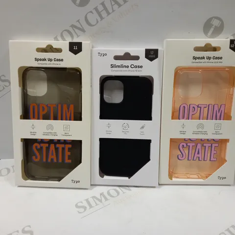 BOX OF APPROXIMATELY 50 TYPO PHONES CASES ('SLIMLINE CASE' & 'SPEAK UP CASE') FOR IPHONE 11, 12 MINI, 12/12PRO IN VARYING COLOURS