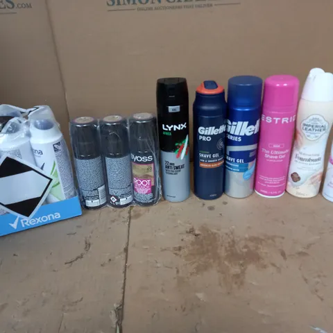 APPROXIMATELY 10 ASSORTED AEROSOLS TO INCLUDE REONA ALOE VERA SPRAY, LYNX AFRICA, AND GILLETTE PRO SHAVE GEL ETC. 