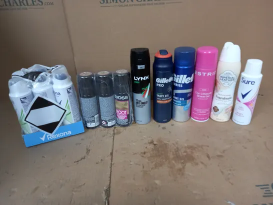 APPROXIMATELY 10 ASSORTED AEROSOLS TO INCLUDE REONA ALOE VERA SPRAY, LYNX AFRICA, AND GILLETTE PRO SHAVE GEL ETC. 