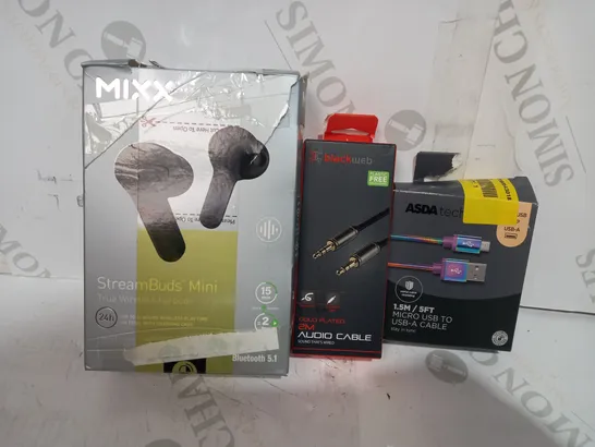 LOT OF APPROXIMATELY 20 ASSORTED HOUSEHOLD ITEMS TO INCLUDE MIXX STREAMBUDS MINI TRUE WIRELESS EARBUDS, BLACKWEB GOLD PLATED AUDIO CABLE, ASDA TECH MICRO USB TO USB-A CABLE, ETC