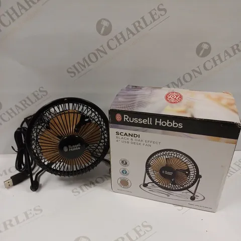 BOXED RUSSELL HOBBS SCANDI BLACK & OAK EFFECT USB DESK FAN