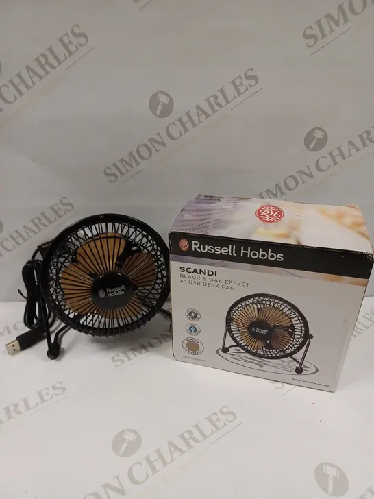 BOXED RUSSELL HOBBS SCANDI BLACK & OAK EFFECT USB DESK FAN