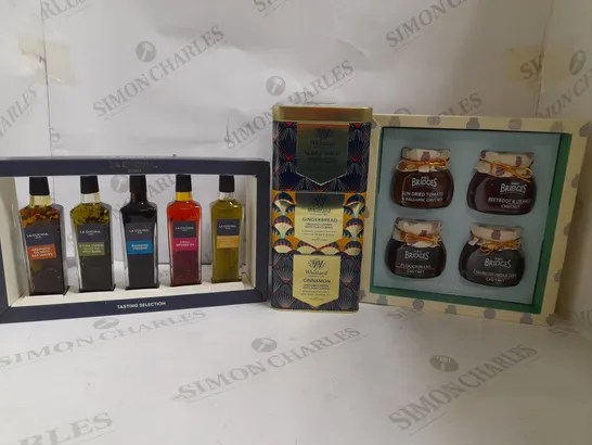 BOX OF APPROX 5 ITEMS TO INCLUDE LA CUCINA OIL SELECTION, MRS BRIDGE CHUTNEY GIFT SET, WHITTARD GROUND COFFEE GIFT SET