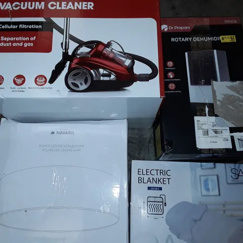 LARGE QUANTITY OF ASSORTED HOUSEHOLD ITEMS TO INCLUDE VACUUM CLEANER, ROUND KED CEILING LAMP AND ELECTRIC BLANKET