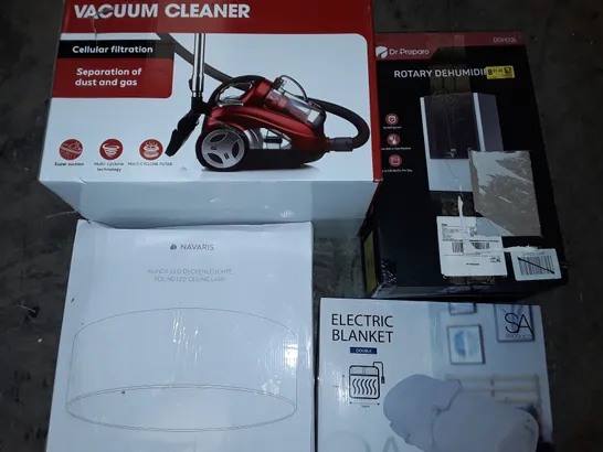 LARGE QUANTITY OF ASSORTED HOUSEHOLD ITEMS TO INCLUDE VACUUM CLEANER, ROUND KED CEILING LAMP AND ELECTRIC BLANKET