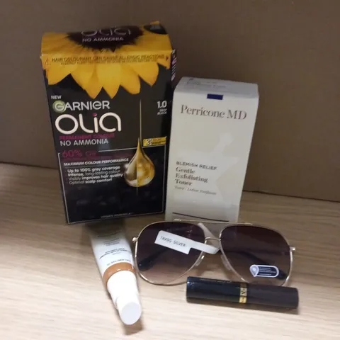 SIX ASSORTED PRODUCTS TO INCLUDE; GARNIER OLIA PERMANENT COLOUR, PERRICONE MD BLEMISH RELIEF, MAX FACTOR MIRACLE SECOND SKIN AND CLASSIC FRAMED SUNGLASSES