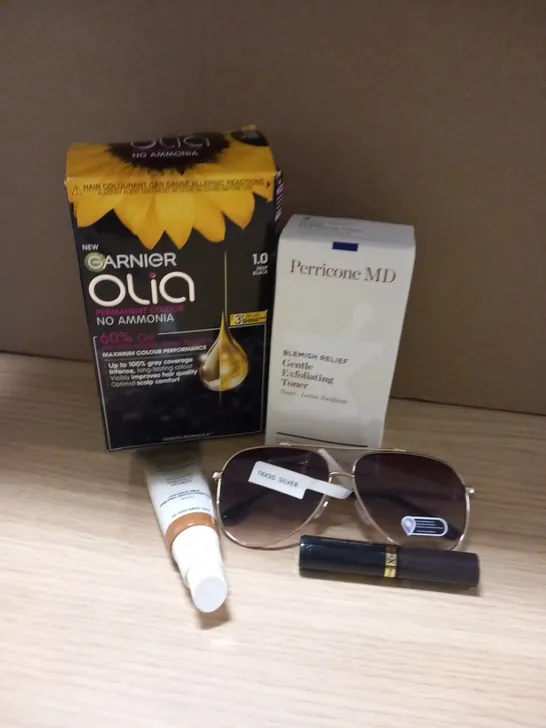 SIX ASSORTED PRODUCTS TO INCLUDE; GARNIER OLIA PERMANENT COLOUR, PERRICONE MD BLEMISH RELIEF, MAX FACTOR MIRACLE SECOND SKIN AND CLASSIC FRAMED SUNGLASSES