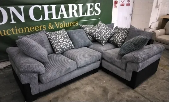 DESIGNER JUMBO CORDED GREY/BLACK LEATHER CORNER GROUP SOFA WITH SCATTER CUSHIONS